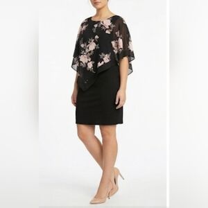 🌷Suzy Shier Black Dress with Blush Floral Asymmetrical Overlay🌷size:XXL